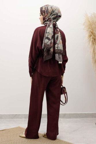 Beli Büzgülü Fermuarlı İkili Takım TSD250252 Bordo - 6