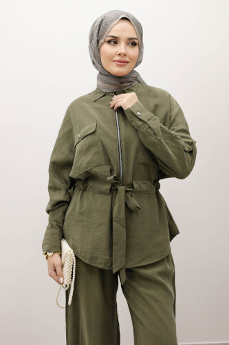 Beli Büzgülü Fermuarlı İkili Takım TSD250252 Haki - 2