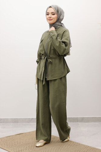 Beli Büzgülü Fermuarlı İkili Takım TSD250252 Haki - 4