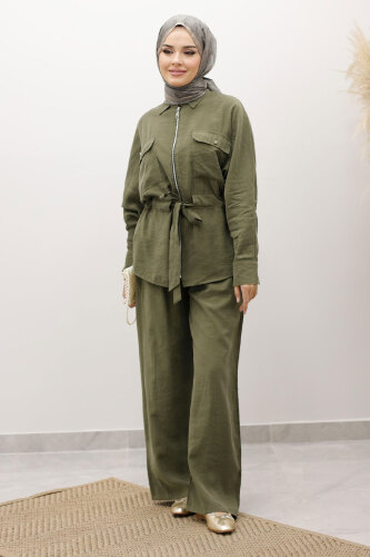Beli Büzgülü Fermuarlı İkili Takım TSD250252 Haki - 3