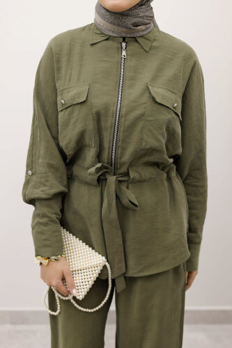 Beli Büzgülü Fermuarlı İkili Takım TSD250252 Haki - 5