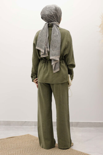 Beli Büzgülü Fermuarlı İkili Takım TSD250252 Haki - 6