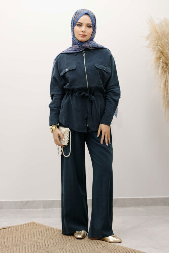 Beli Büzgülü Fermuarlı İkili Takım TSD250252 İndigo - 1