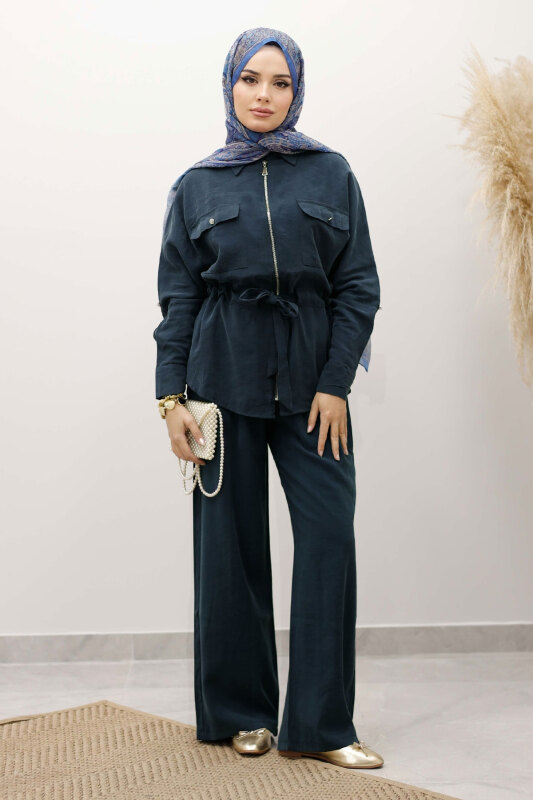 Beli Büzgülü Fermuarlı İkili Takım TSD250252 İndigo - Tesettür Dünyası