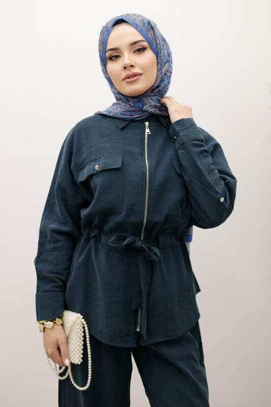 Beli Büzgülü Fermuarlı İkili Takım TSD250252 İndigo - Tesettür Dünyası (1)