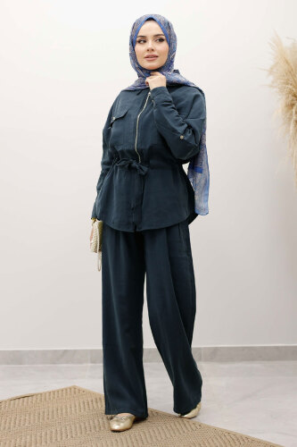 Beli Büzgülü Fermuarlı İkili Takım TSD250252 İndigo - 3