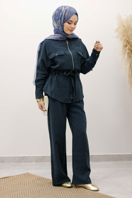 Beli Büzgülü Fermuarlı İkili Takım TSD250252 İndigo - 4