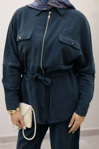 Beli Büzgülü Fermuarlı İkili Takım TSD250252 İndigo - 5