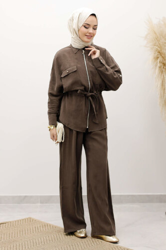 Beli Büzgülü Fermuarlı İkili Takım TSD250252 Kahverengi 