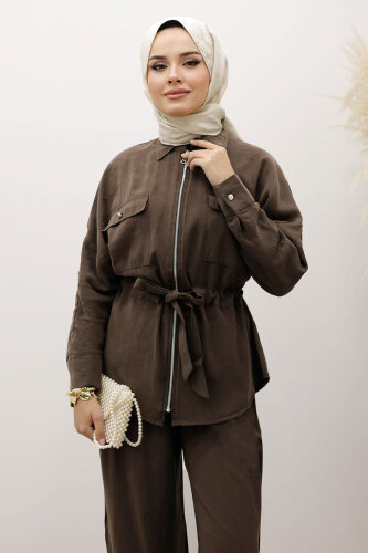 Beli Büzgülü Fermuarlı İkili Takım TSD250252 Kahverengi - 2