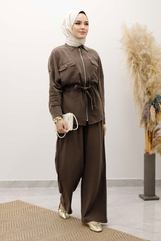 Beli Büzgülü Fermuarlı İkili Takım TSD250252 Kahverengi - 3