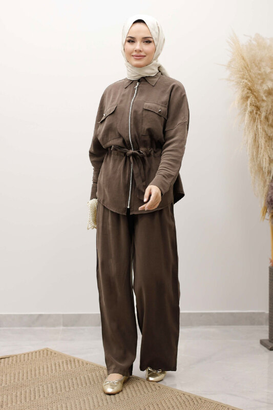 Beli Büzgülü Fermuarlı İkili Takım TSD250252 Kahverengi - 4