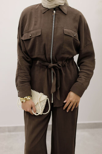 Beli Büzgülü Fermuarlı İkili Takım TSD250252 Kahverengi - 5