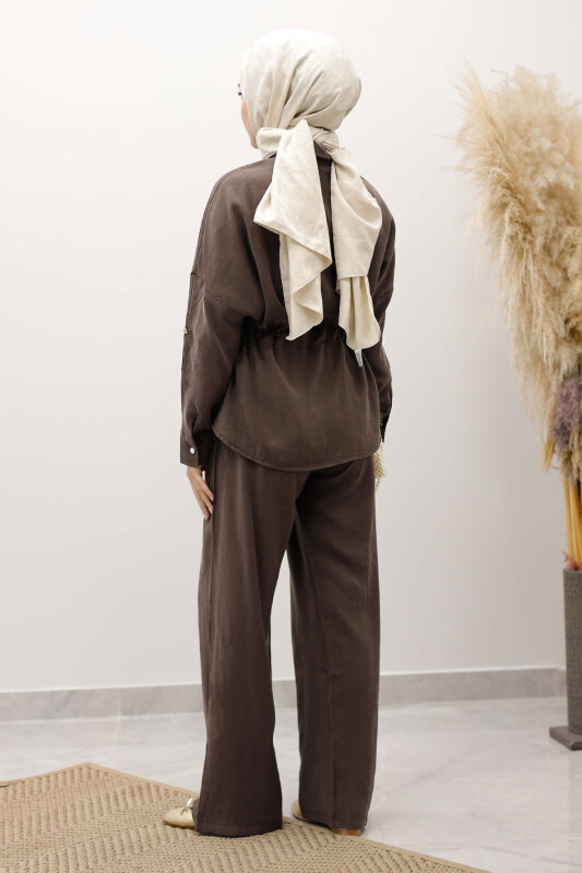 Beli Büzgülü Fermuarlı İkili Takım TSD250252 Kahverengi - 6