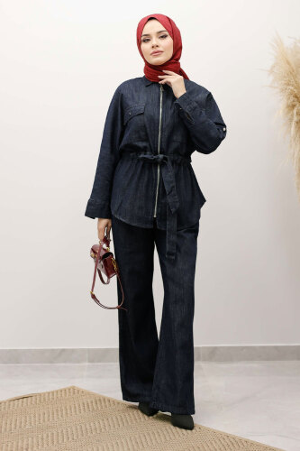 Beli Büzgülü Fermuarlı İkili Takım TSD250252 Koyu Mavi - 3