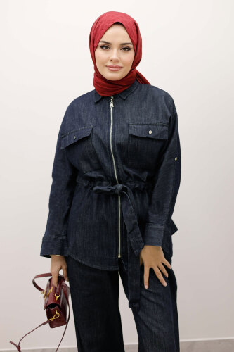Beli Büzgülü Fermuarlı İkili Takım TSD250252 Koyu Mavi - 2