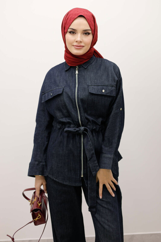 Beli Büzgülü Fermuarlı İkili Takım TSD250252 Koyu Mavi - Tesettür Dünyası (1)