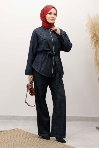 Beli Büzgülü Fermuarlı İkili Takım TSD250252 Koyu Mavi - 4