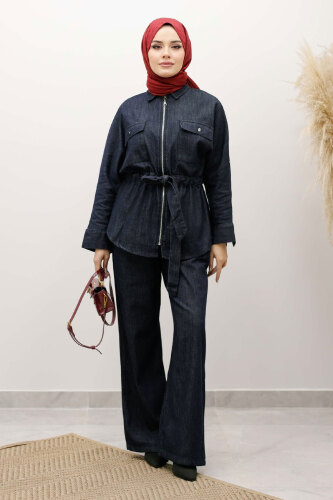 Beli Büzgülü Fermuarlı İkili Takım TSD250252 Koyu Mavi 