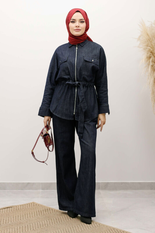 Beli Büzgülü Fermuarlı İkili Takım TSD250252 Koyu Mavi - Tesettür Dünyası