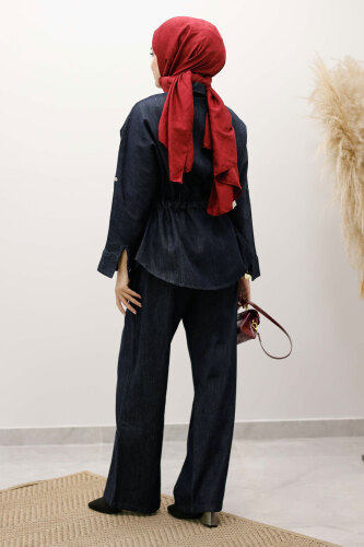 Beli Büzgülü Fermuarlı İkili Takım TSD250252 Koyu Mavi - 6