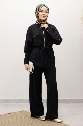 Beli Büzgülü Fermuarlı İkili Takım TSD250252 Siyah - 3