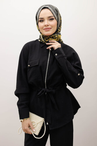 Beli Büzgülü Fermuarlı İkili Takım TSD250252 Siyah - 2