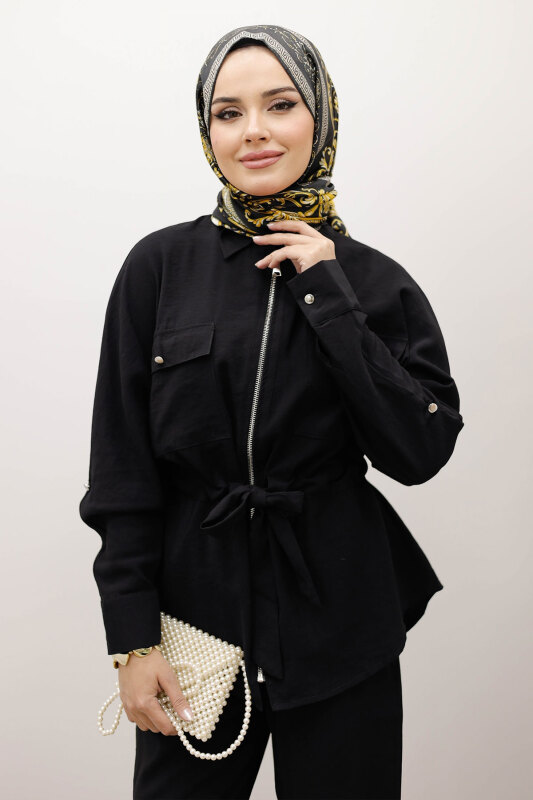 Beli Büzgülü Fermuarlı İkili Takım TSD250252 Siyah - Tesettür Dünyası (1)