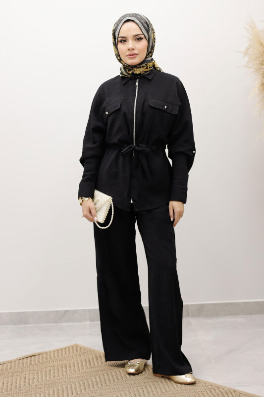 Beli Büzgülü Fermuarlı İkili Takım TSD250252 Siyah - Tesettür Dünyası