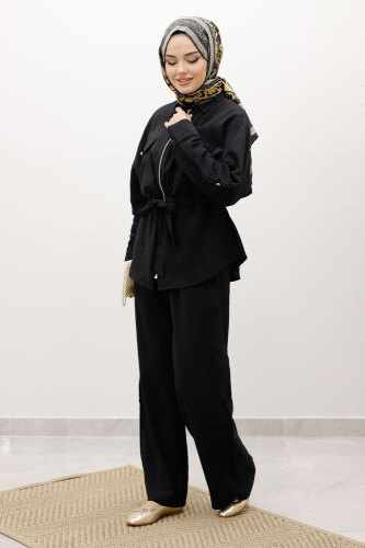 Beli Büzgülü Fermuarlı İkili Takım TSD250252 Siyah - 4