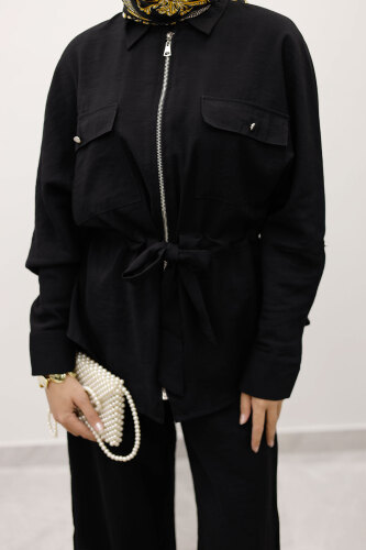 Beli Büzgülü Fermuarlı İkili Takım TSD250252 Siyah - 5