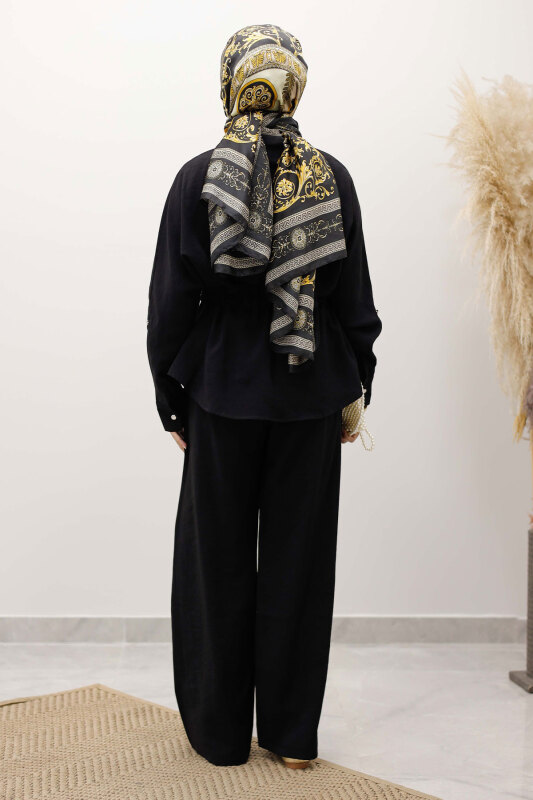 Beli Büzgülü Fermuarlı İkili Takım TSD250252 Siyah - 6