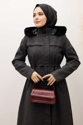 Beli Büzgülü Kaşe Kaban TSD250247 Antrasit - 2