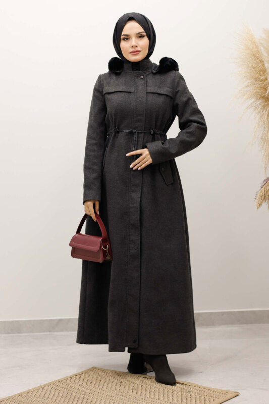 Beli Büzgülü Kaşe Kaban TSD250247 Antrasit - 3