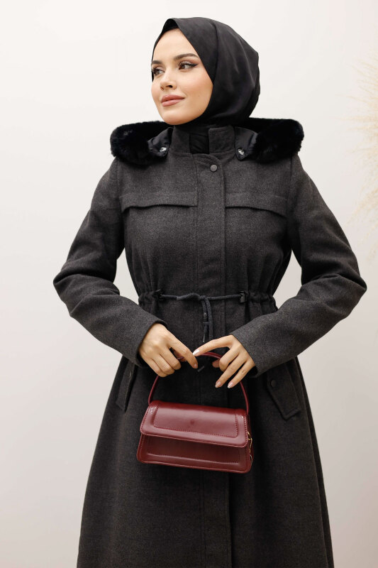 Beli Büzgülü Kaşe Kaban TSD250247 Antrasit - 8