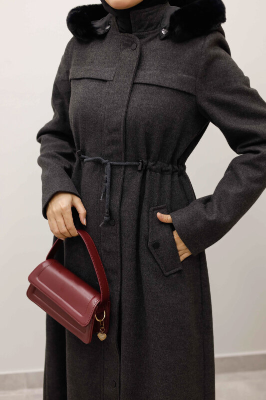 Beli Büzgülü Kaşe Kaban TSD250247 Antrasit - 10