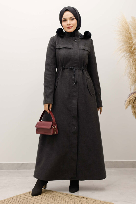 Beli Büzgülü Kaşe Kaban TSD250247 Antrasit - 11