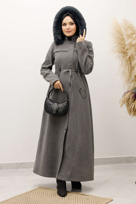 Beli Büzgülü Kaşe Kaban TSD250247 Gri - Tesettür Dünyası