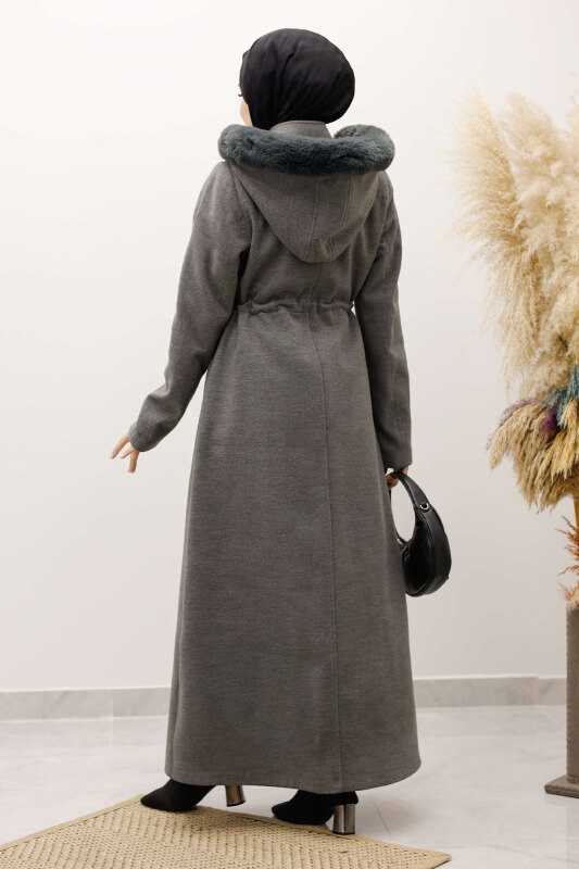 Beli Büzgülü Kaşe Kaban TSD250247 Gri - 6