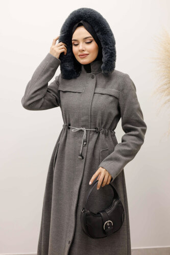 Beli Büzgülü Kaşe Kaban TSD250247 Gri - 8