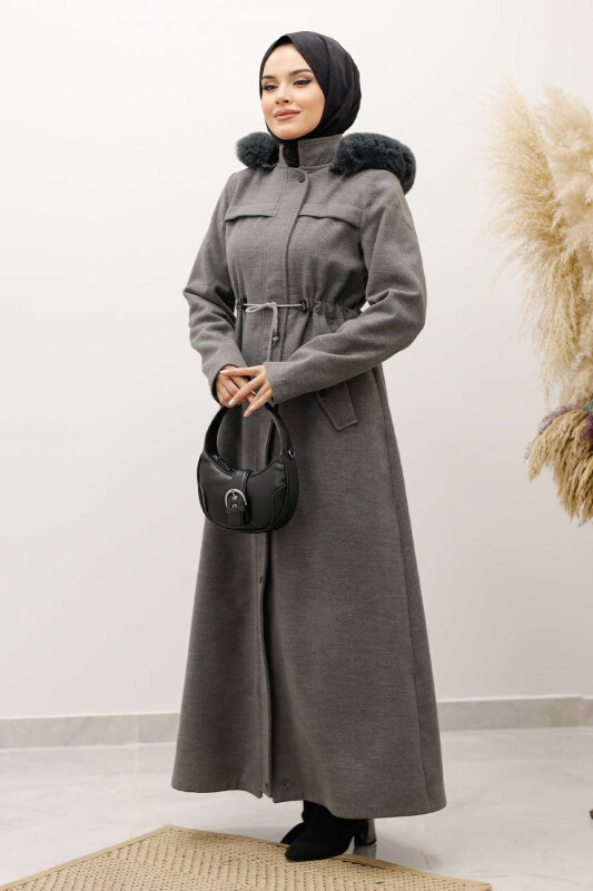 Beli Büzgülü Kaşe Kaban TSD250247 Gri - 9