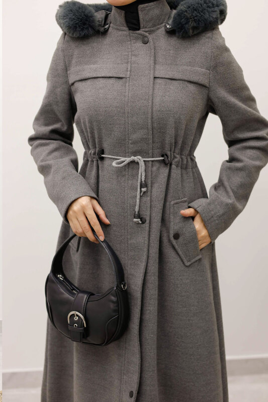 Beli Büzgülü Kaşe Kaban TSD250247 Gri - 11