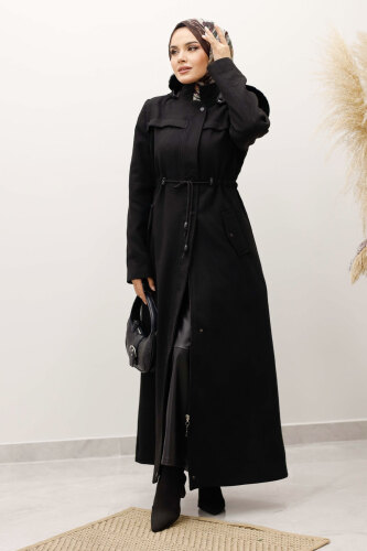 Beli Büzgülü Kaşe Kaban TSD250247 Siyah - 3