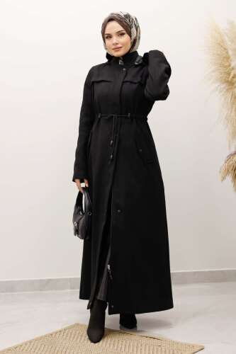 Beli Büzgülü Kaşe Kaban TSD250247 Siyah - 4