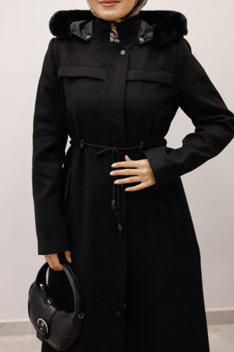 Beli Büzgülü Kaşe Kaban TSD250247 Siyah - 5