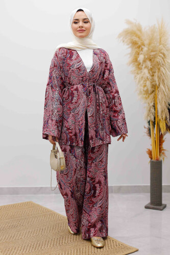 Beli İp Bağlamalı Kimono Takım TSD250265 Bordo - 4