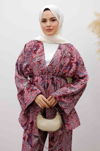 Beli İp Bağlamalı Kimono Takım TSD250265 Bordo - 2