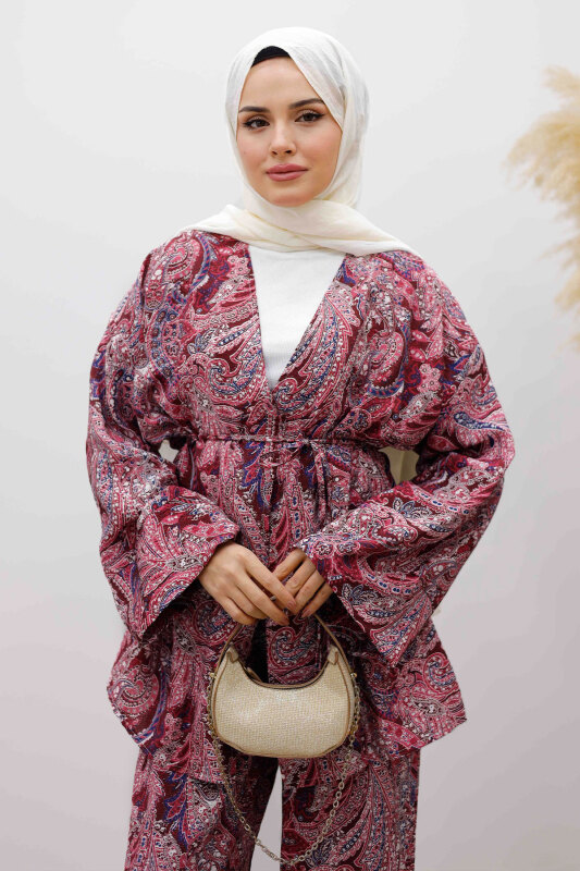 Beli İp Bağlamalı Kimono Takım TSD250265 Bordo - Tesettür Dünyası (1)