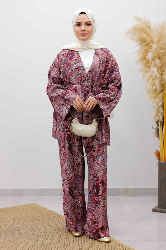 Beli İp Bağlamalı Kimono Takım TSD250265 Bordo - Tesettür Dünyası