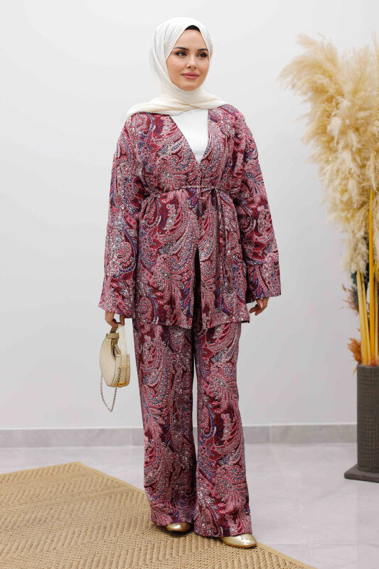 Beli İp Bağlamalı Kimono Takım TSD250265 Bordo - 3